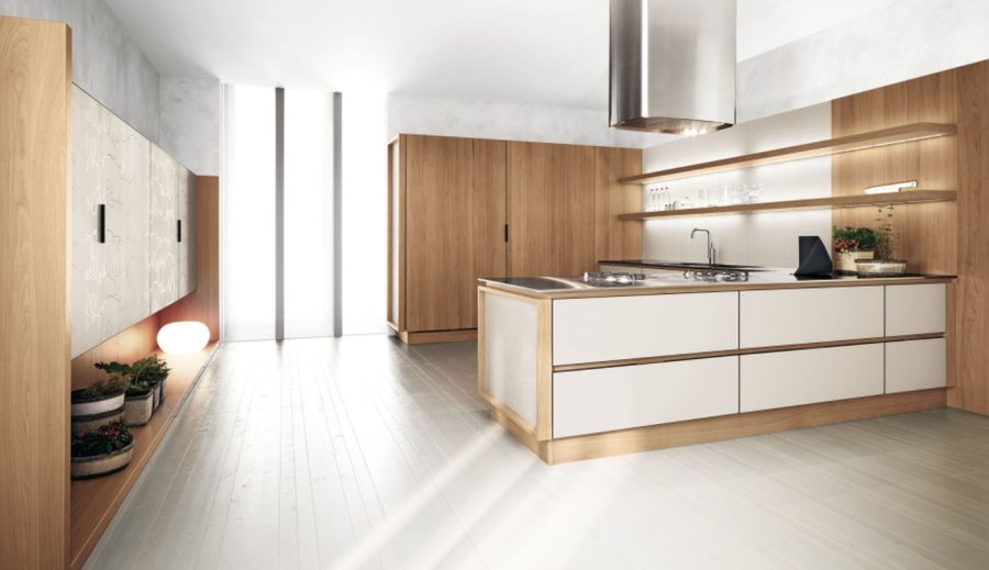 fabulous-white-and-walnut-two-tone-kitchen-cabinets-design-inspirations-equipped-appealing-maple-natural-wood-laminate-flooring-plus-range-hood-in-futuristic-style-with-kitchen-cabinets-refacing-and-i