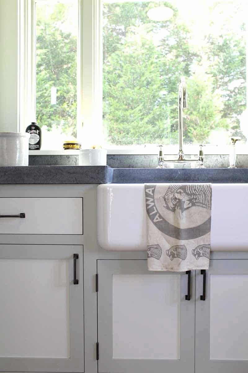 kitchen sink farm house style two toned cabinets gray white cococozy dan scotti design