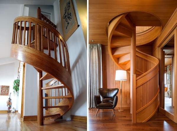 Винтовые межэтажные лестницы из дерева в частном доме