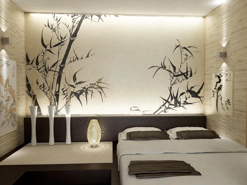 Японский стиль в спальне с двумя типами обоев