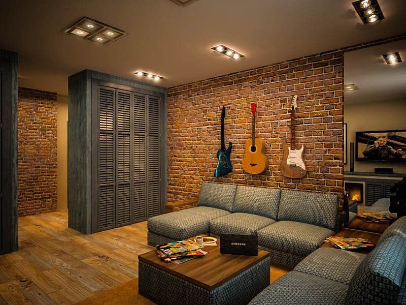 Декор гитарами кирпичной стены в квартире