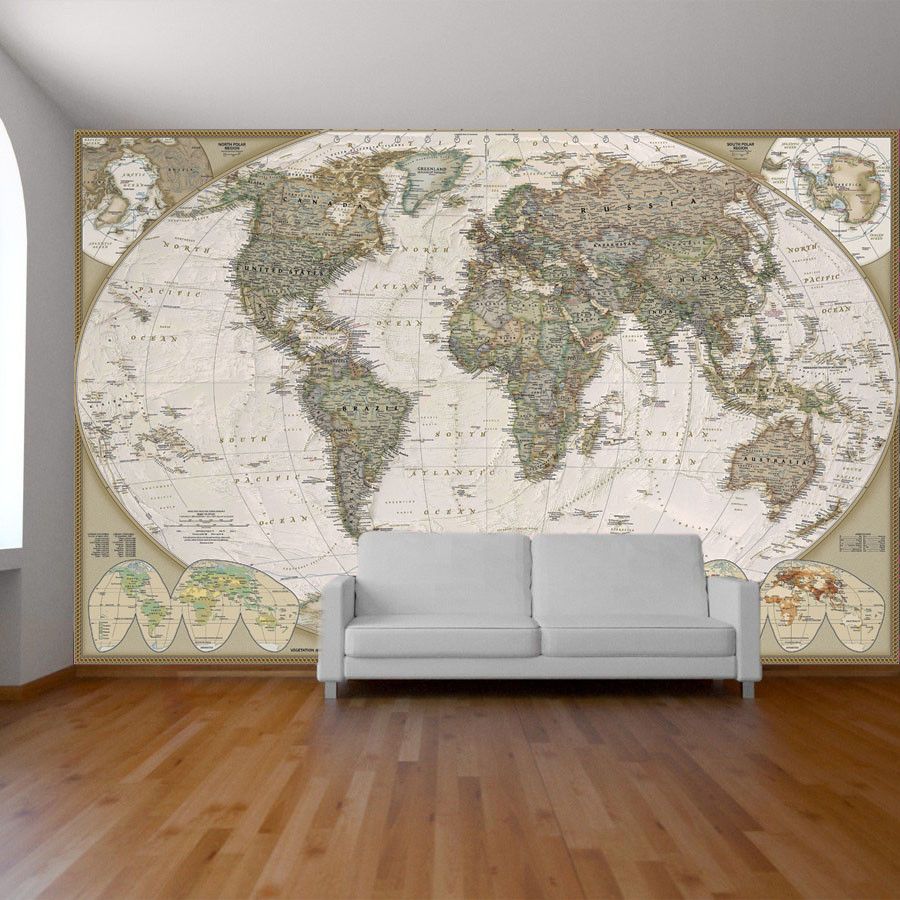 Фотообои карта мира на стену в интерьере