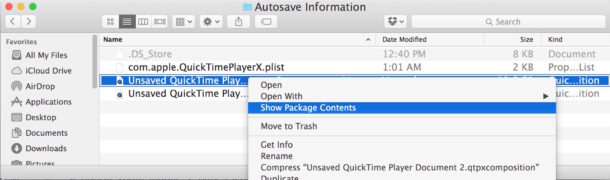 Show package contents to find the lost QuickTime file