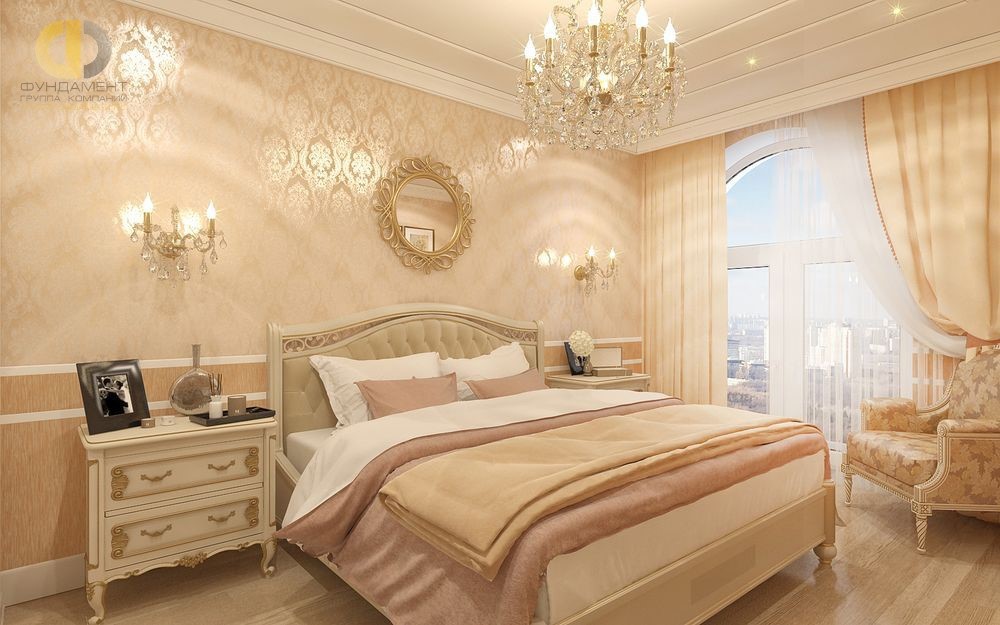 Бежевый интерьер спальни в классическом стиле на Ленинском проспекте