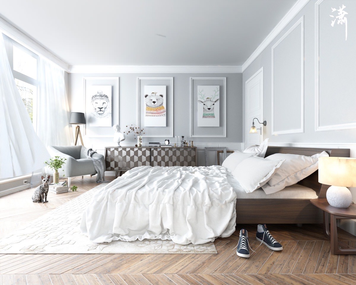 Серый, коричневый и белый цвета в интерьере спальни
