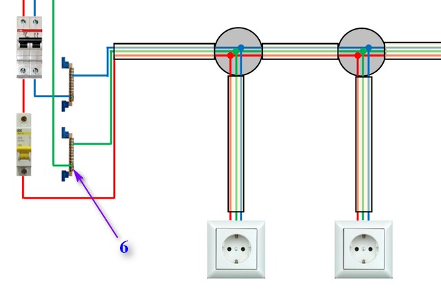 Схема подключения одиночных розеток к однофазной сети с контуром заземления
