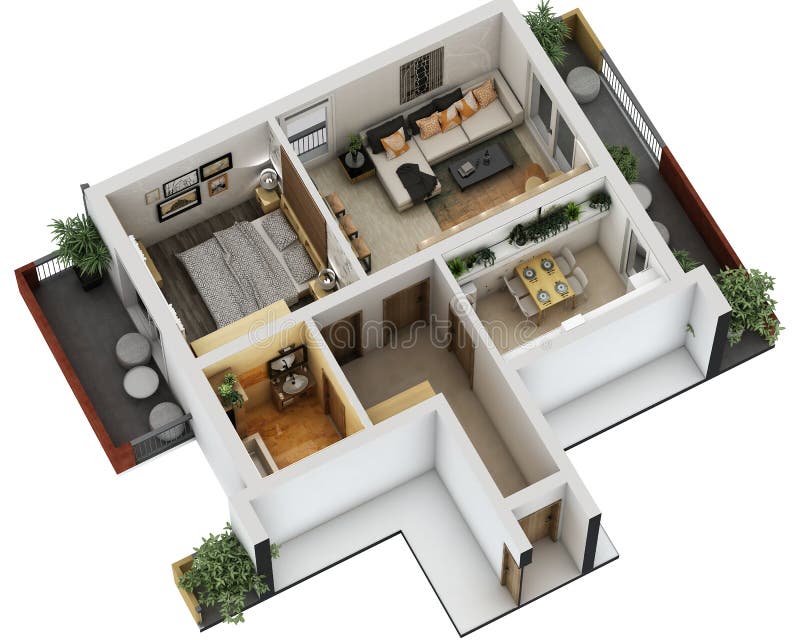 3d floor plan. 3d furnished floor plan of small appartement with balconies royalty free stock image