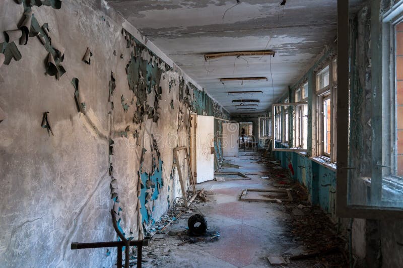 Abandoned corridor in pripyat. School 2012 royalty free stock images