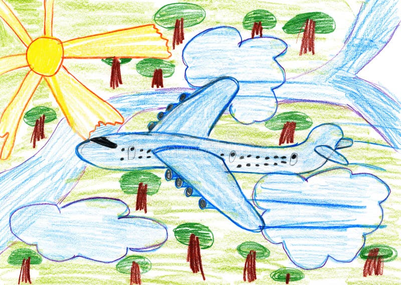 Airliner fly high above the earth, child drawing pencil on paper royalty free illustration