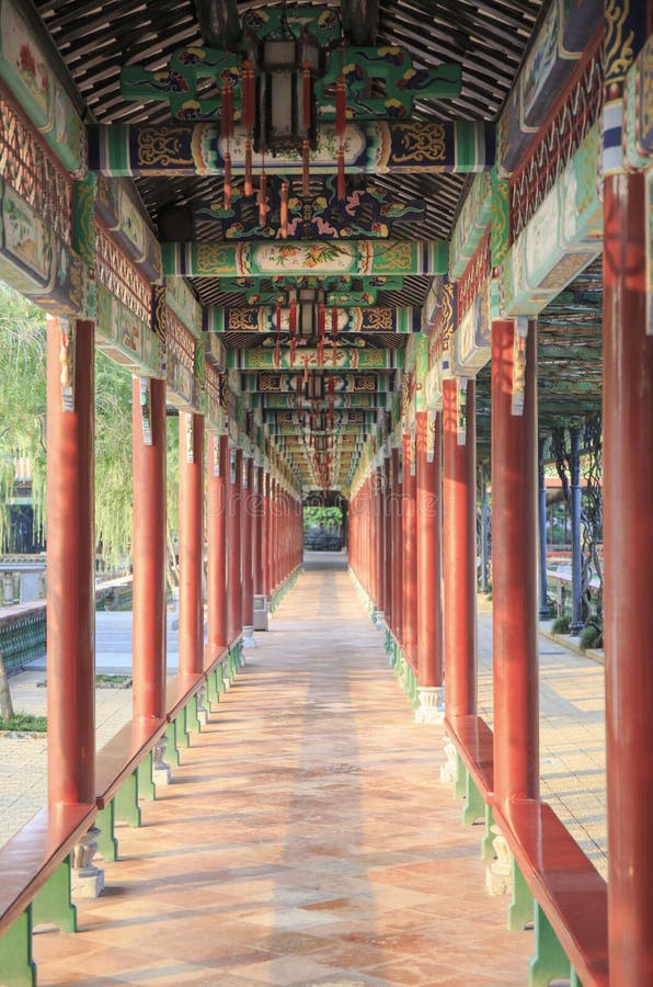 Chinese corridor China. Asian Chinese traditional classic long corridor in oriental classical style in ancient garden, China Asia royalty free stock photos