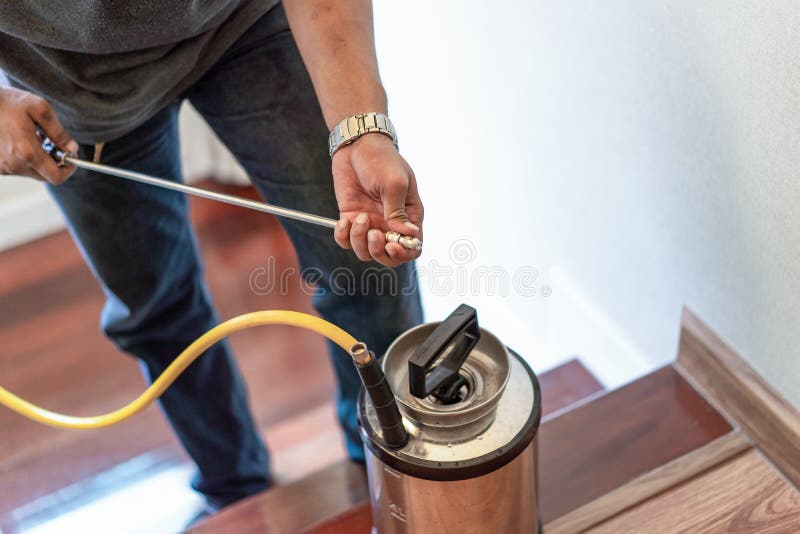 Asian Thailand termite staff company is spraying the destroy chemical liquid in to white ant nest in the wood around human house. Asian Thailand termite staff royalty free stock photography