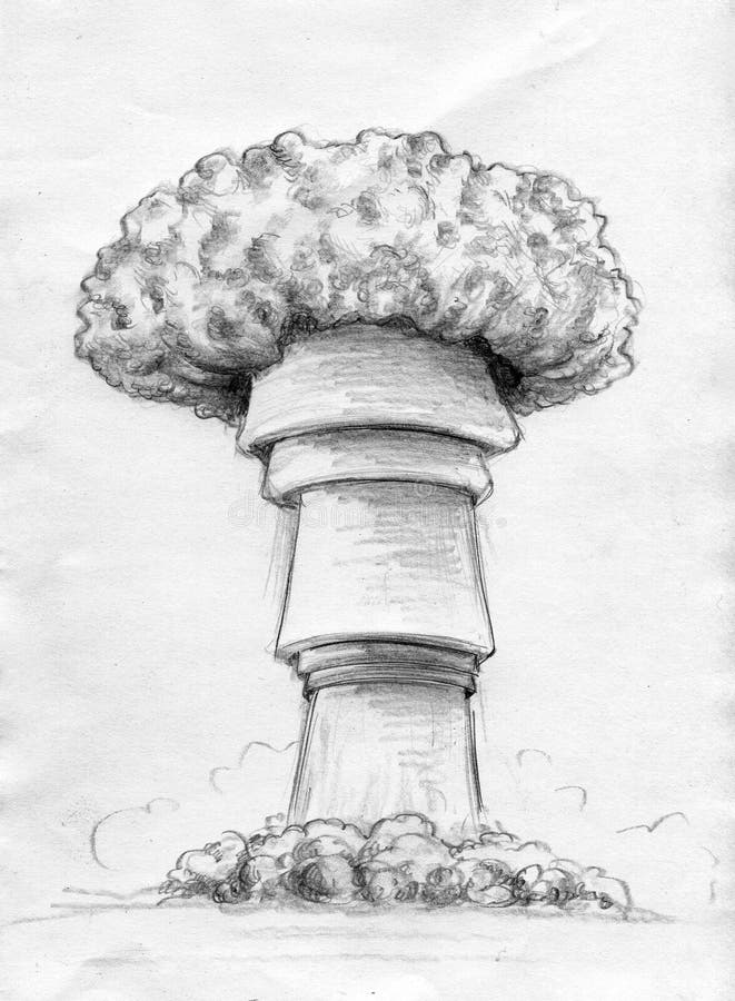 Atomic mushroom cloud. Mushroom shaped atomic cloud. Pencil drawing, sketch stock illustration