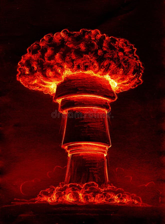 Atomic mushroom cloud. Mushroom shaped atomic cloud in flaming red tones. Pencil drawing, sketch vector illustration