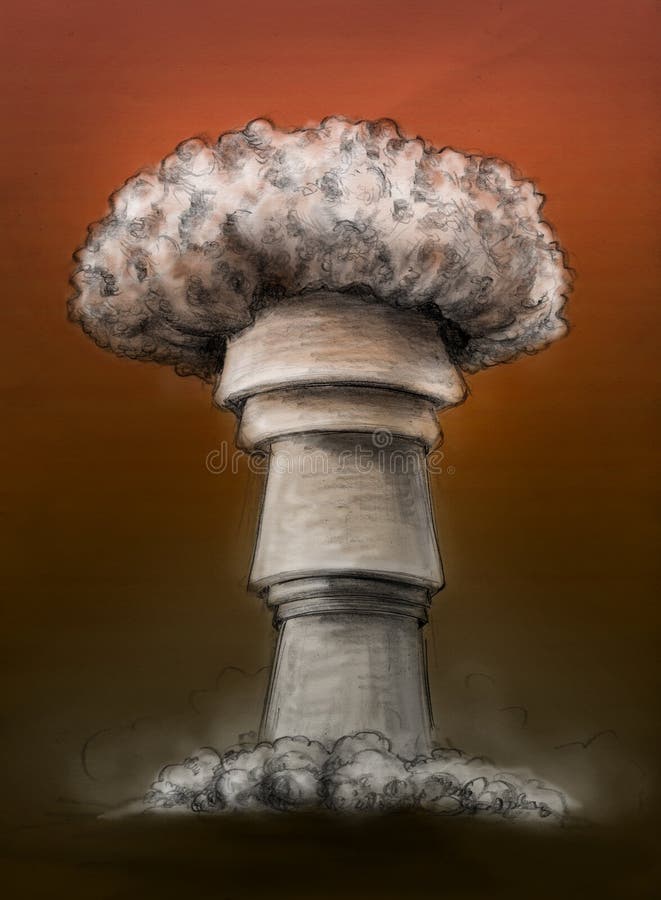 Atomic mushroom cloud colored. Mushroom shaped atomic cloud. Pencil drawing, colored sketch vector illustration