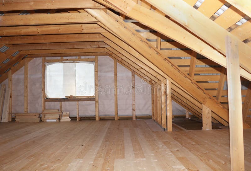 Attic in wooden house under construction overall view royalty free stock photos