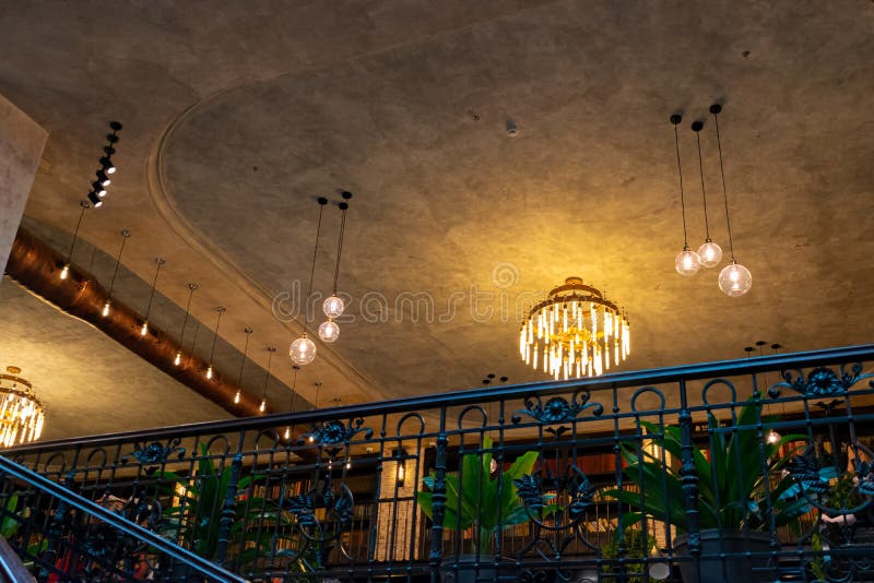 Baku, Azerbaijan - April 13, 2019: Nice and beautiful lights, which are on the ceiling of the library. Photo royalty free stock images