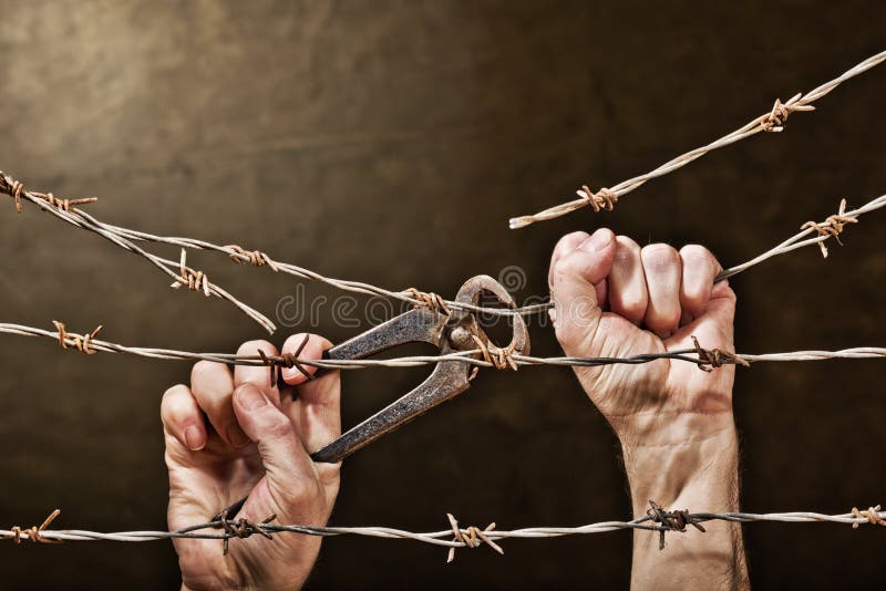 Barbed wire with hands. Old rusty barbed wire with hand on the dark background royalty free stock photos