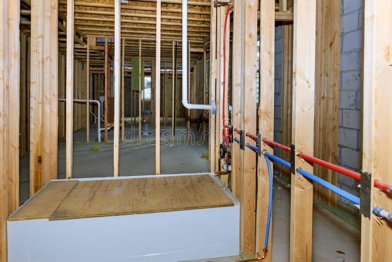 Bathroom shower under plumbing connecting installation pipes water for basement new house royalty free stock photo