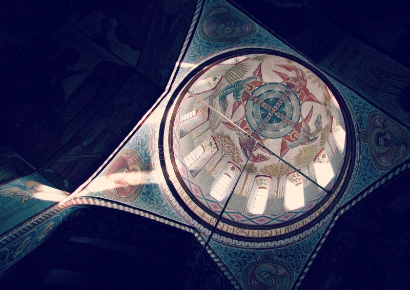 Beautiful Church Ceiling. With sun flowing through. The church is Orthodox stock photo