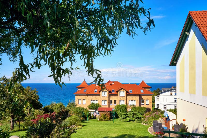 Beautiful country estate overlooking the Baltic Sea in Lohme on the island of Rügen. House, home, living, roof, tiles, red, detached, architecture, dwelling stock images