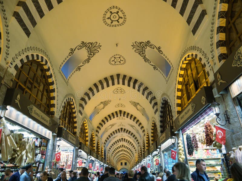 The beautiful design of the grand bazaar’s ceiling in Istanbul, Turkey. Istanbul, Turkey - October 11, 2018: The beautiful ceiling of the Grand Bazaar which stock image