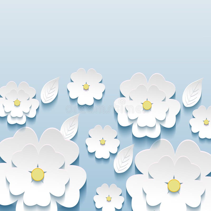 Beautiful stylish wallpaper with 3d flowers sakura. Beautiful stylish trendy wallpaper blue with 3d flowers sakura and leaves. Greeting or invitation card with vector illustration