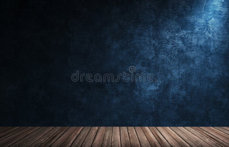 Big modern room with blue plaster wall, wooden floor and plinth stock photography