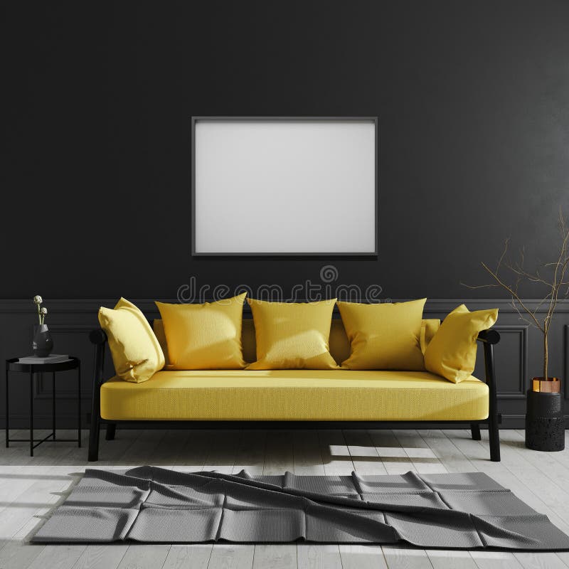 Blank frame on black wall, horizontal picture frame mock up in dark modern interior background with yellow sofa, scandinavian. Style, luxury home interior, 3d vector illustration