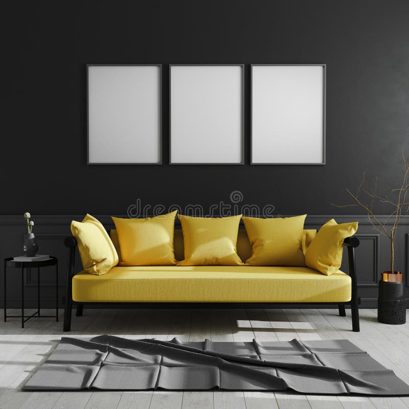 Blank frame on black wall, three vertical poster frame mock up in dark modern interior background with yellow sofa, scandinavian. Style, luxury home interior vector illustration