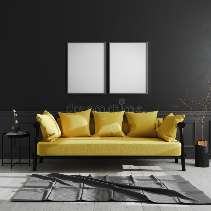 Blank frame on black wall, two vertical poster frame mock up in dark modern interior background with yellow sofa, scandinavian. Style, luxury home interior, 3d royalty free illustration