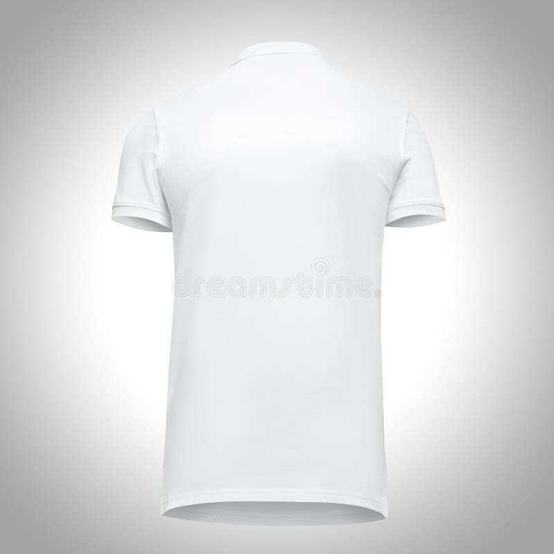 Blank template men white polo shirt short sleeve, back view bottom-up, on gray background with clipping path. Mockup concept t-shirt for design and print royalty free stock image