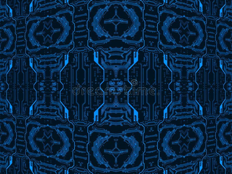 Blue on black circuit board.Symmetrical technology background. stock photos