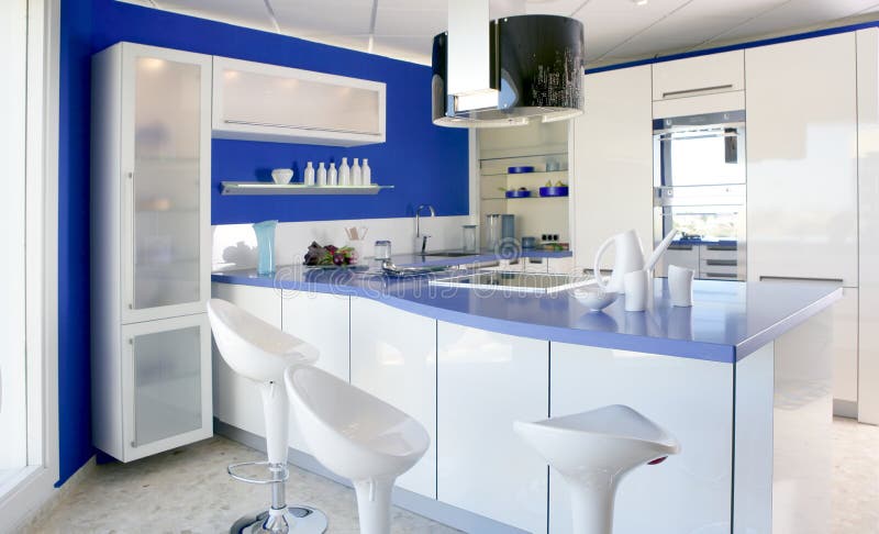 Blue white kitchen modern interior design house stock image