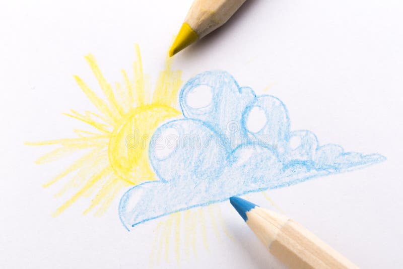 Blue and yellow pencil s drawing on white background cloud and sun.  vector illustration