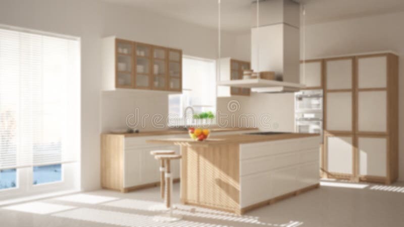 Blur background interior design, modern wooden and white kitchen with island, stools and windows, parquet herringbone floor royalty free stock photography