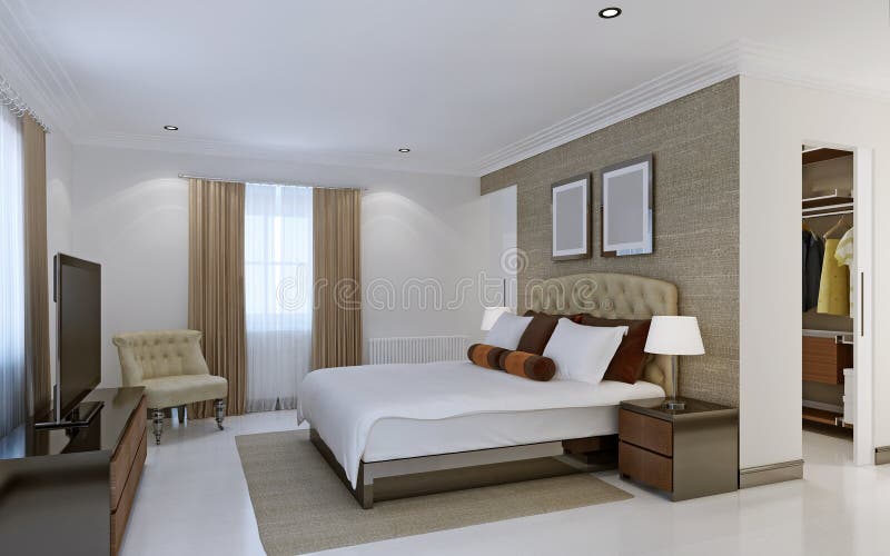 Bright bedroom with dressing room stock photo