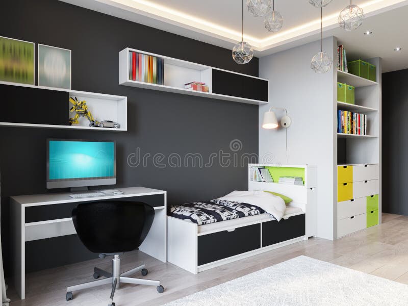 Bright and cozy children`s room in modern urban contemporary sty vector illustration