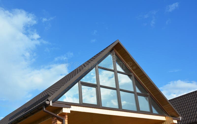 Building house attic conservatory terrace on the home roof. Conservatory or greenhouse roofing. Attic Exterior royalty free stock photos