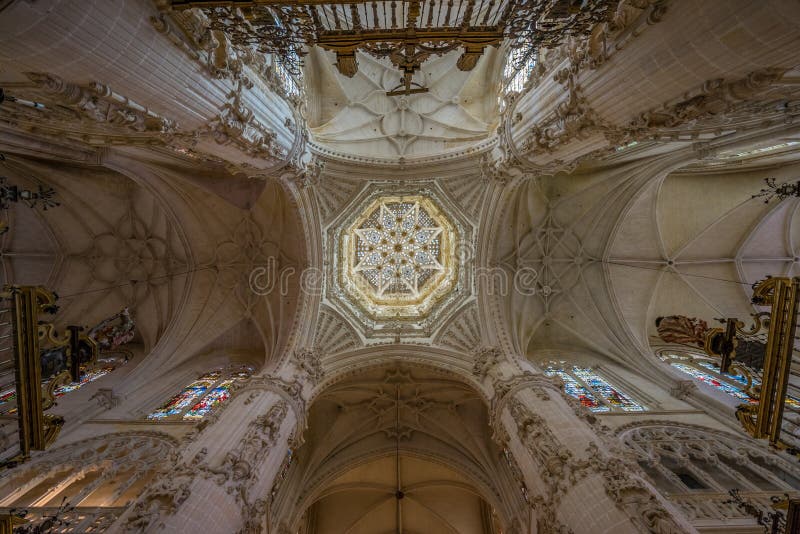 Floor level interior view of Lantern tower and vault ceiling from crossing at Cathedral of Saint Mary of Burgos Santa Maria royalty free stock photos