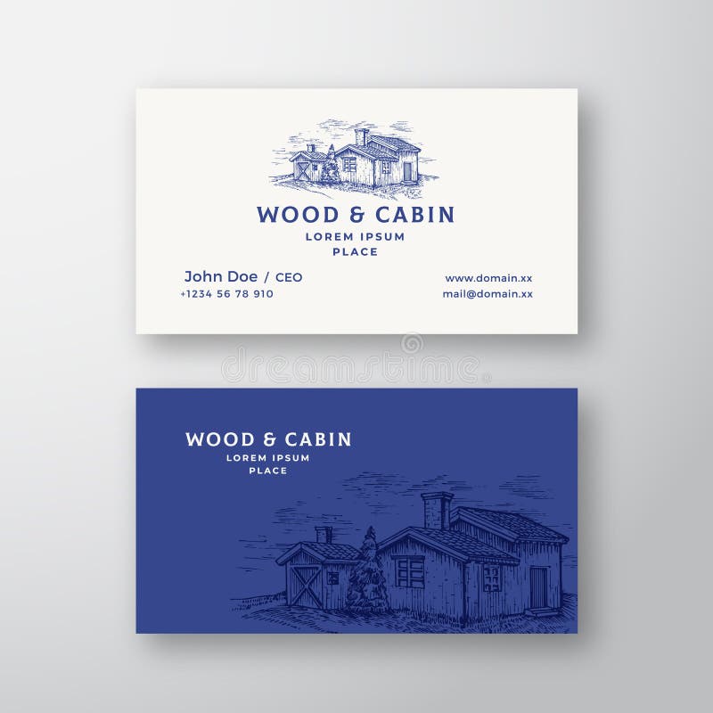 Cabin in the Woods Abstract Vintage Vector Logo and Business Card Template. Elegant Wooden Buildings Landscape Drawing. Sketch with retro Typography. Premium stock illustration