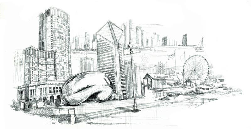 Chicago city pencil drawing. Of landmark and atmosphere vector illustration