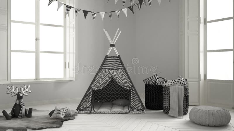 Child room with furniture, carpet and tent, two panoramic window stock photography