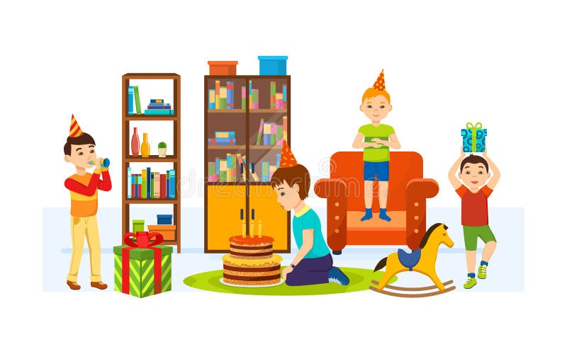 Children having fun in living room on a holiday evening. vector illustration