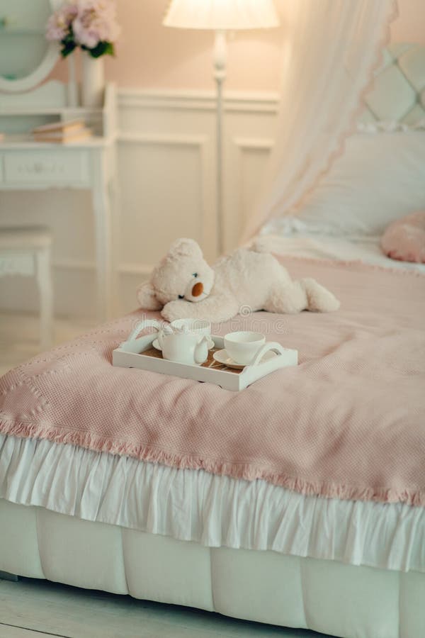 Children`s room in pink and blue tones. At home royalty free stock photo