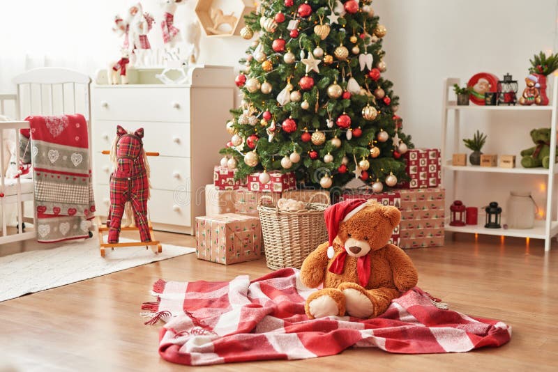 Christmas interior of children`s bedroom. stock image