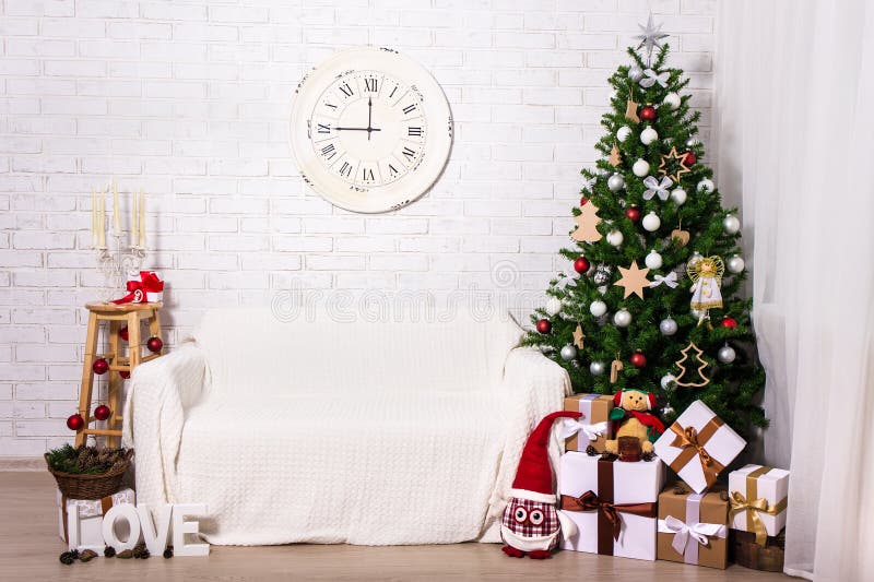 Christmas interior -christmas tree, gift boxes and decorations i. Christmas interior -decorated christmas tree, gift boxes and decorations in living room royalty free stock photo