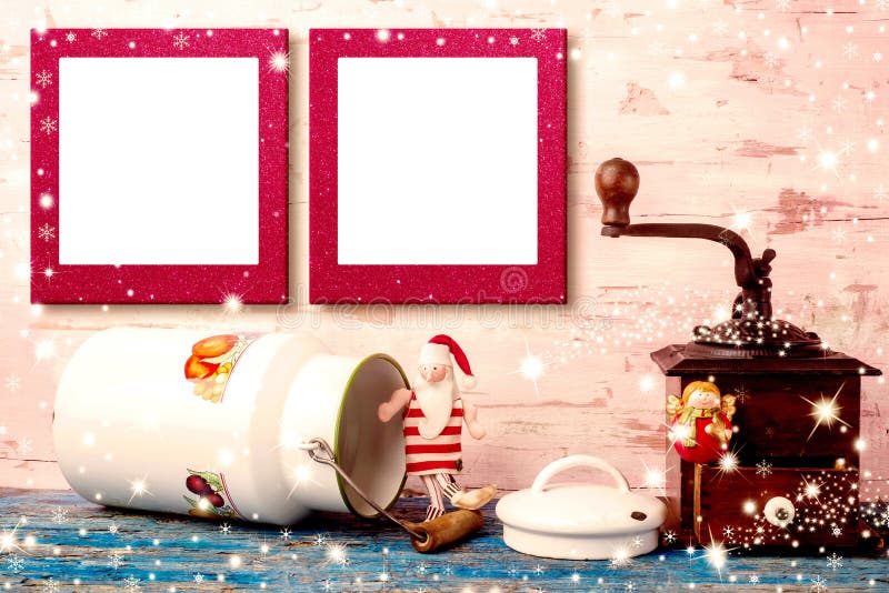 Christmas two empty photo frames card. Christmas photo frames cards, Vintage Santa Claus rag doll and Angel with antique milk pot and coffee grinder and two royalty free stock photography