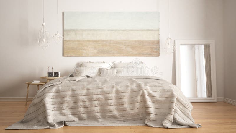 Classic bedroom, scandinavian modern style, minimalistic interior design, close-up stock photo