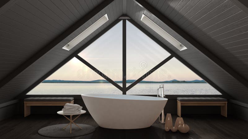 Classic mezzanine loft with big window and sea panorama, bathroom, summer sunset or sunrise, minimalist scandinavian interior. Design stock photos