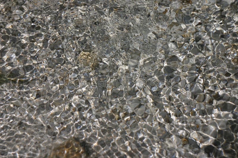 Clear spring water glistens. In the sun. White pebbles on the bottom are visible through the water stock photo